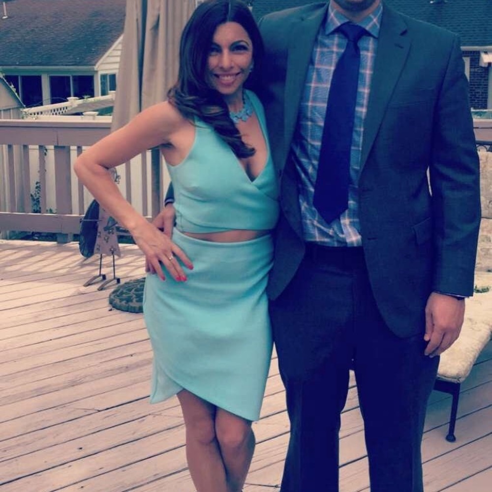Baby blue two piece dress set. Asymmetrical skirt